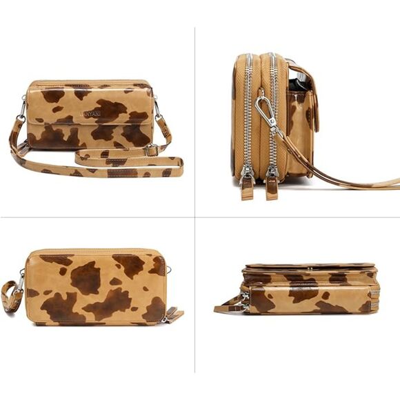 Women Cow Print Beige Imported Faux Leather Crossbody With Phone Pocket Bags - Picture 4 of 4